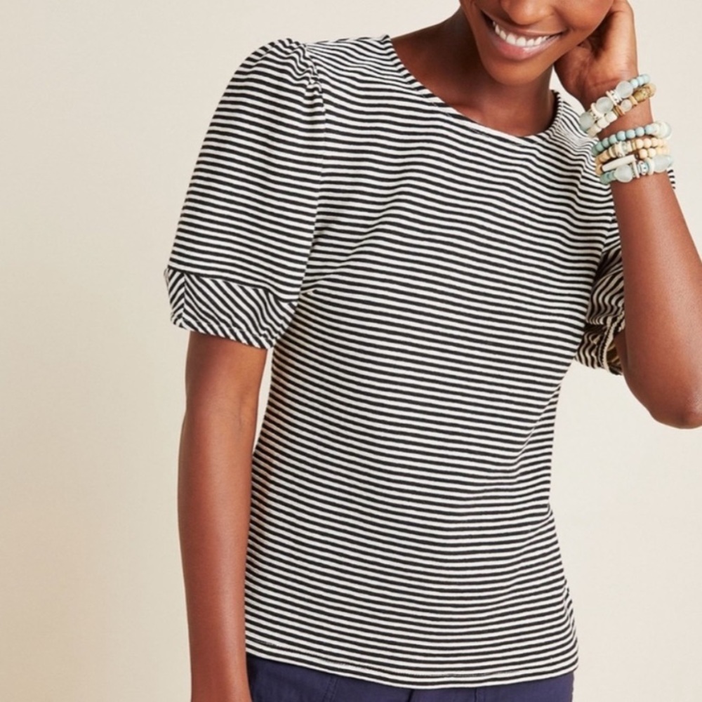 Dolan for Anthropologie Black and Off-White Striped Puff Short Sleeve Knit Top
